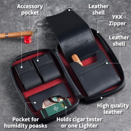68 Degrees Leather Cigar Case for 5 Cigars – Red Travel Humidor with 3 Accessory Pockets, Full Grain Hard Shell Organizer, YKK Zipper, Cigar Pouch for Men