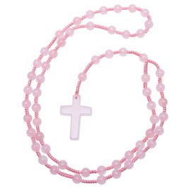 Nupuyai Rose Quartz Crystal Stone Bead Cross Pendant Necklace for Men Women, Catholic Rosary Hand Knotted Necklace 62cm
