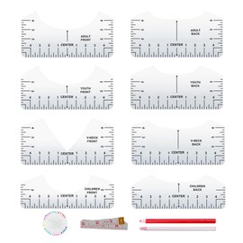 12pcs Tshirt Ruler Guide to Center Vinyl, Transparent V-Neck/Round PVC Ruler for Alignment, Heat Press, Children Youth Adult