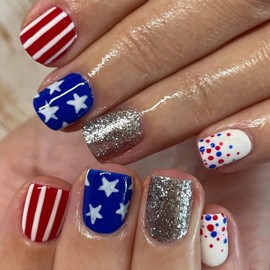 24Pcs Independence Day Press on Nails Short Square Fake Nails with Red Blue Dots White Star Stripe Designs, Gold Glitter Glue on Nails Reusable Artificial Acrylic Nails for Women Manicure Decoration