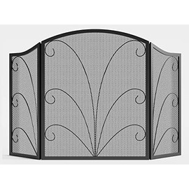 Kingson 3-Panel Arched Fireplace Screen Decorative, Handcrafted Scroll Wrought Iron Fire Spark Guard Cover for Wood Burning Fireplace-Black
