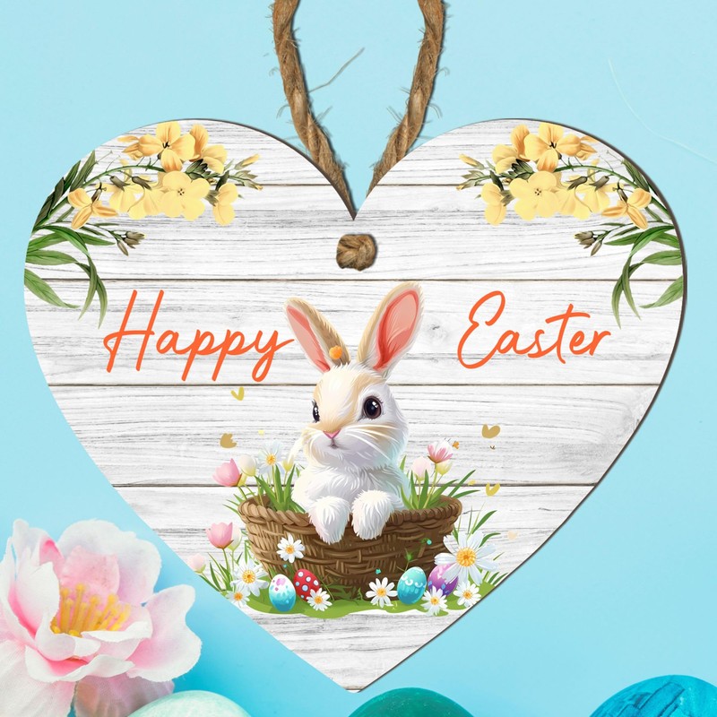 Handcrafted Easter Wooden Heart Plaque with 'Happy Easter' Quote -