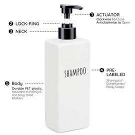 Segbeauty 16.9oz Shampoo and Conditioner Dispenser, 6pcs Empty Refillable Soap Dispenser Set, 500ml Plastic Square Soap Dispensers for Bathroom, Press Pump Body Wash Dispenser for Shower Bathroom