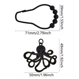 Octopus Shower Curtain Hooks for Bathroom Decorative - Rust Proof Stainless Steel Black Curtain Rings Set of 12 with Funny Octopus Creature Nautical Theme Bathroom Decor Accessories (Black)
