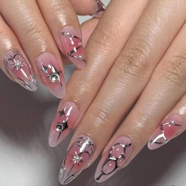 24Pcs Star Pearl Press on Nails Medium Almond Fake Nails Silver Glitter Line Design Round Rhinestones False Nails Full Cover Artificial Glue on Nails Pink Stick on Nails for Women DIY Nail Supplies