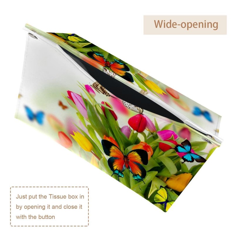 2 Pack Tissue Box Cover Holder, Spring Flowers Butterflies Tulips