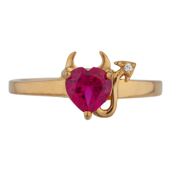 Created Ruby & Diamond Devil Heart Ring 14Kt Yellow Gold