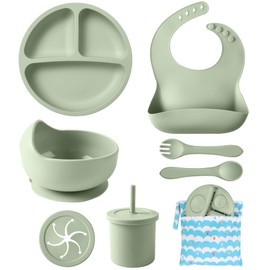 ECLIP Silicone Baby Feeding Set, 10 Pcs Baby Led Weaning Supplies with Suction Bowl Divided Plate Adjustable Bib Soft Spoon Fork Snack Cup with Lid Drinking Cup, Utensil (Dark Green)
