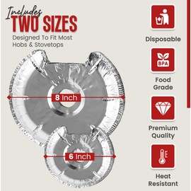 Heavy-Duty Aluminum Electric Stove Burner Covers (100 Pack) - Disposable Round Foil Liners (6 & 8 Inch), Non-Stick Drip Pan Protectors, Stove Top Covers, Great Kitchen Accessory for Easy Cleanup