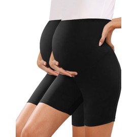KIM S Summer Black Maternity Biker Shorts Yoga High Waist Active Wear Athletic Pregnancy Clothes Pants Leggings Shirts (Black 8" S)
