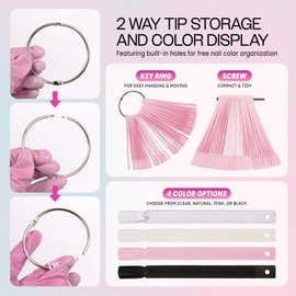Beauticom PINK 50 Piece Plastic False Nail Tip Sticks Chart Fan with Metal Ring Holder and Screw for Nail Polish Swatch, Practice Nail Art Design and Pattern Display Tool