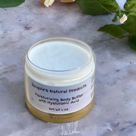 Jacquie's Natural Products Moisturizing Organic Hyaluronic Acid Body Butter 4 oz for Crepey, Dry and Ashy Skin,Belly Cream