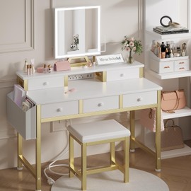 KAI-ROAD White Makeup Vanity Desk with Lights - 40 inch Girls Vanity Set with Mirror and Chair, Make Up Dresser Table with Drawers and Power Outlet for Bedroom Small Space, White and Gold