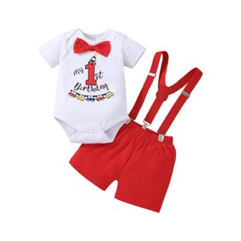 vivifayee Baby Boy First Birthday Outfit Short Sleeve Bowtie Rompers Shorts Set with Suspenders One Year Old Birthday Clothes