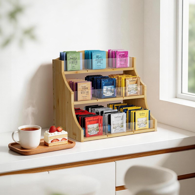 Bamboo Tea Bag Organizer, 3 Layer Tea Chests With Acrylic