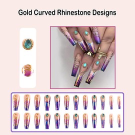ANDGING Ombre Purple Press on Nails Coffin Long Glue on Nails Fake Nails for Women with Gold Curved Rhinestone Designs Acrylic Gel Manicure Stick on Nails Aesthetic Artificial False Nails for Wedding