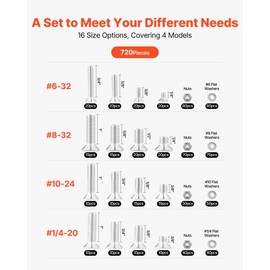 VEVOR 720 Pcs Bolts and Nuts Assortment Kit, Imperial Machine Screws and Flat Washers, Stainless Steel 6-32,8-32,10-24,1/4-20, for Furniture/Equipment/Vehicle Assembly, Silver