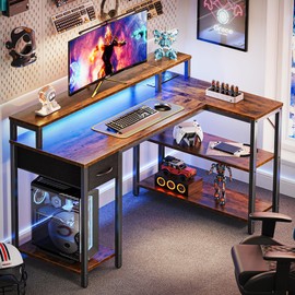 SUPERJARE 47 inch Reversible L Shaped Desk with LED Lights & Power Outlets, Computer Desk with Shelves & Monitor Stand, Gaming Desk with Drawer, Home Office Desk Corner Desk, Rustic Brown