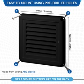 100mm (4 Inch) Square Vent Cover - Black 155mm x 155mm External Louvered Grille with Mesh for Bathroom, Kitchen, Loft, Extractor Fans and Air Ducts – Wall & Ceiling Ventilation Solution
