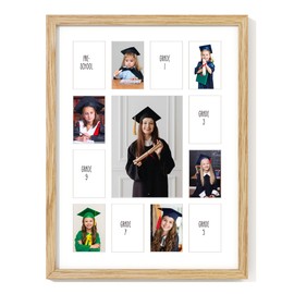 Axeman 12x16 School Years Picture Frame K-12 Day Graduation Photo Collage Solid Oak Picture Frame With Mat - Displays One 5x7 Photo and Twelve 2.5x3.5 Pictures, Hanging Hardware Included, Natural