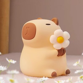 MOKYDUO Capybara Nursery Night Light, 7-Color RGB Mood Light & 3-Level Dimmable Warm Light, Tap Control, 30Min Timer, 100% Safe &Soft Silicone, Adorable, Soothing Ambiance, Gift for Kids, Flower