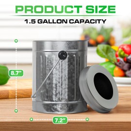 Plexon Countertop Compost Bin with Lid, Silver 1.5 Gallon Odorless Kitchen Compost Container, Steel Food Compost Bucket for Kitchen with Charcoal Filter, Compost Pail for Kitchen Countertop