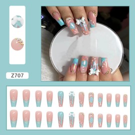 Medium Long Press on Nails,Cute Summer Ice Cream Pattern Fake Nails,Stereoscopic Bow Decoration Rhinestones Design False Nails,Glossy Reusable Artificial Nails with Glue,Square Shape Stick on Nails