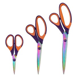 BambooMN Titanium Softgrip Scissors Set for Sewing, Arts, Crafts, Office - Purple w/Orange - 1 Set of 3