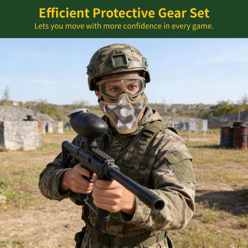 Fansport Airsoft Mask and Goggles Set, Tactical Half Face Mesh