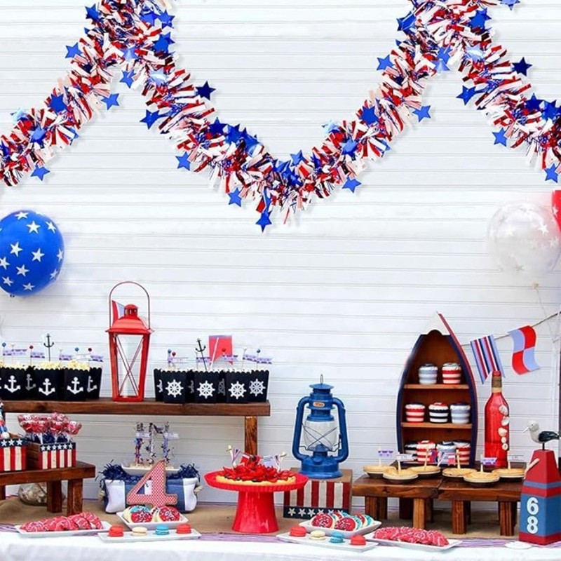 Garland Patriotic Decor Red White Blue Metallic Tinsel with Stars