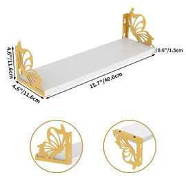 Hoikwo 3 Pack Butterfly Wall Shelves, White Gold Floating Book Shelves, for Mother, Mom, Women, Girls, for Preppy Room Decor, Living Room, Bedroom Decor Aesthetic