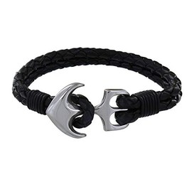 LES POULETTES BIJOUX - Men's Bracelet 925 Silver Anchor and Black Leather Two Round Braided Links, 19 centimetres, Leather