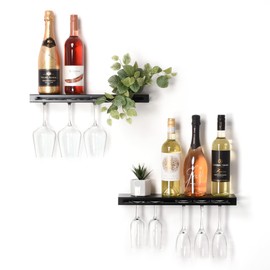 xympo Wall Mounted Wine Rack (Pack of 2), Metal Floating Bar Shelf with Bottle and Glass Holder for Liquor Storage