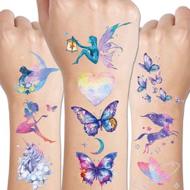 CHARLENT 110 Glitter Styles Temporary Tattoos for Girls Women - 12 Sheets Glitter Dream Butterfly Moon Fairy Unicorn Mermaid Temporary Tattoos for Girls Party Favors Festival Makeup