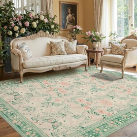 Rugxara Floral Boho Vintage Area Rug, 5x7 Ft, Sage Green, Machine Washable, Non-Slip, Low Pile Faux Wool Carpet for Living Room, Bedroom, Dining Room, Kids Room