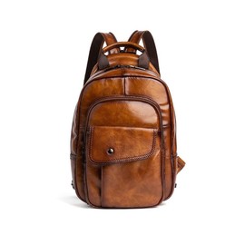 Whatna WX8686 Antique Tanned Cow Leather One Shoulder Men's 3-Way Crossbody Bag, Chest Bag, Rucksack, Handheld Bag, Handbag, Earphone Hole, Genuine Leather, Thick, Leather, Double Zipper,