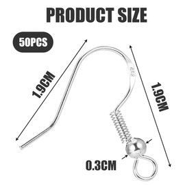 Silver Earring Hooks, Anti-Allergy Ear Hooks, Earring Accessories with Beads and Coils, DIY Earrings Jewellery Making (Silver, Pack of 50), Stainless Steel, No gemstone.