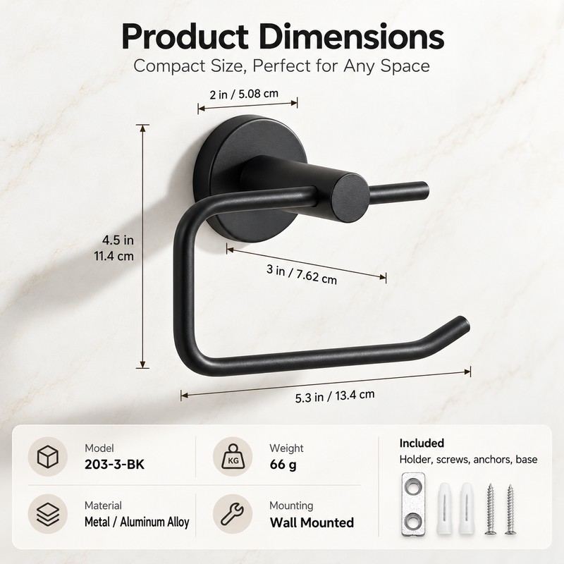 Matte Black Wall-Mounted Toilet Paper Holder – Metal Bathroom Roll