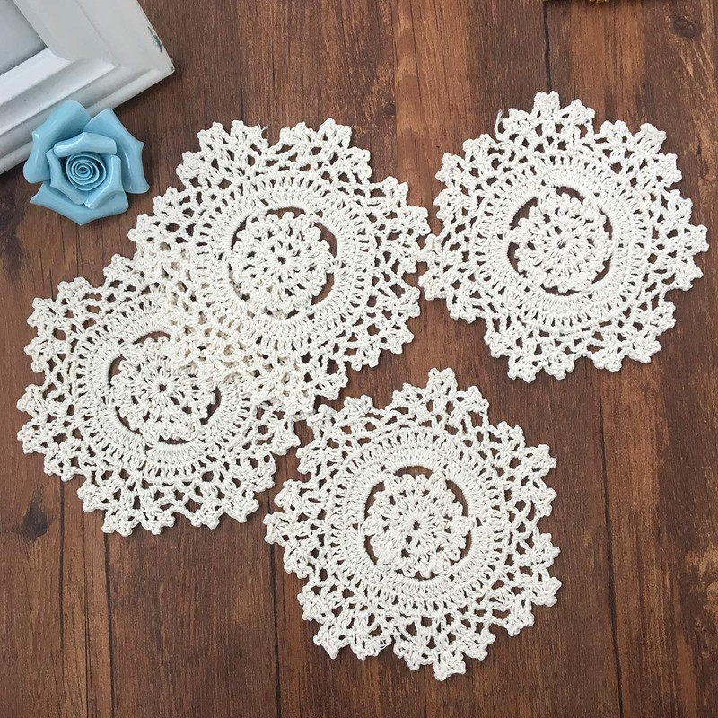 4 PCS Beige 5 Inch Round 100% HANDMADE Crochet Lace