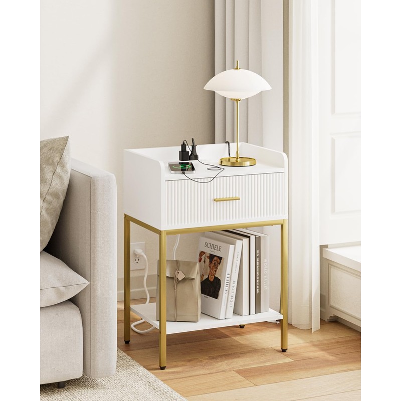 Apetaccat Nightstand with Charging Station, 3-Tier Bed Side Table, Small