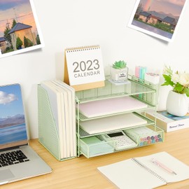 OPNICE Desk Organizer and Accessories, 4-Tier Desktop File Organizer with Drawer and 2 Pen Holders, Office Desk Accessories for Office Supplies(Green)