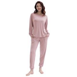 Ladies Long Sleeve Jogger Pajamas Bamboo from Viscose Pjs(Blushing Pink, Large)