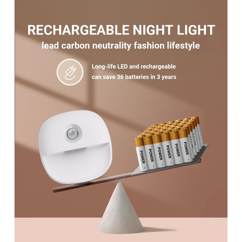 Lyridz Rechargeable Night Light, Motion Sensor Battery Nightlights, Mini Stick-on