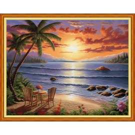 Lovxvouy Cross Stitch Kits for Adults,Stamped Full Range of Embroidery Starter Kit for Beginners Needlepoint Kits 11CT Pre-Printed Pattern, Cross-Stitching Needlecrafts-Sunrise by Seaside 16x20 inch