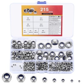 215pcs for Nylock Nuts Assorted Nuts, Nylon Lock Nuts with Nylon Insert Nuts Locknuts Assortment Kit, Self-locking Hex Nuts, Metal Self Locking Nuts for Bolts Screws, M2 M3 M4 M5 M6 M8 M10 M12 Nuts
