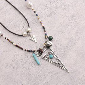 Bjesinmo Beaded Necklace Colorful Necklace for Women Layered Necklaces for Women Boho Pendant Turquoise Necklaces Leather Cord Bohemian Jewelry, Leather, Crystal, Stainless Steel, No Gemstone