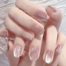 WAFOLOZE Press on Nails Medium Square Fake Nails Glossy False Nails with Pink Spar Cat Eye Press ons Designs Acrylic Nails Press on Artificial Nails Stick on Nails for Women 24Pcs