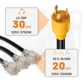 MECMO Shore Power NEMA L5-30P to 3X 5-15R/5-20R RV Generator Adapter Marine 30 Amp to 110 15 Amp Household Regular Connector, 30A 3 Prong Locking Generator Male L5-30P to 5-15R 5-20R 3-Way Female