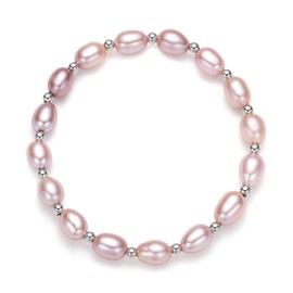 BAMIKI 6.5-7 MM Freshwater Cultured Pink-Purple Pearl Bracelets for Women, S925 Sterling Silver Spacer Beadeds Stretch Bracelet, Jewelry Gifts for Wife Mother, Adjustable Fit of 7-8Inch