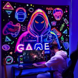Apdidl Blacklight Gaming Wall Tapestry for Bedroom, Glow in the Dark Funny Game Player Boys Room Decor Tapestries, Cool Gamer Posters UV Reactive Neon Wall Hanging for Kids Living Room Dorm 51" X 60"